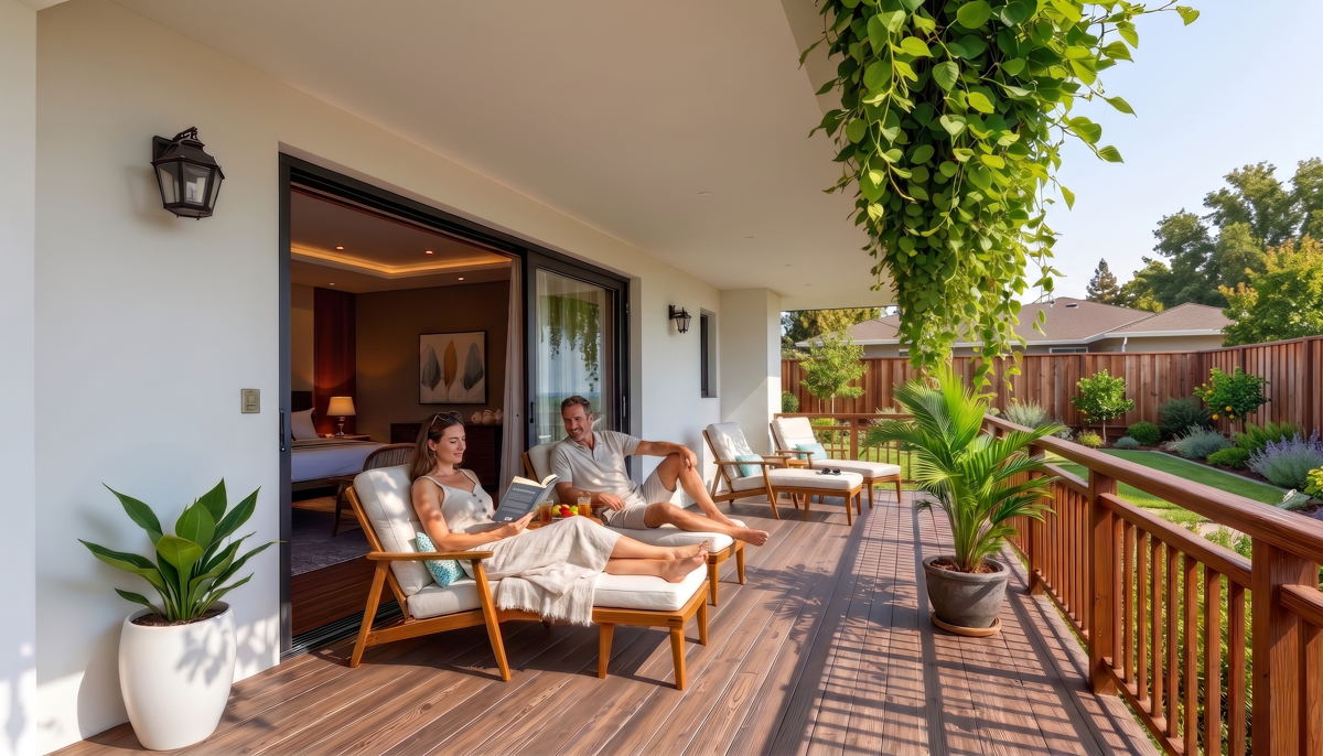 A couple relaxing on their composite deck on a sunny afternoon, reading in loungers beside the open bedroom doors