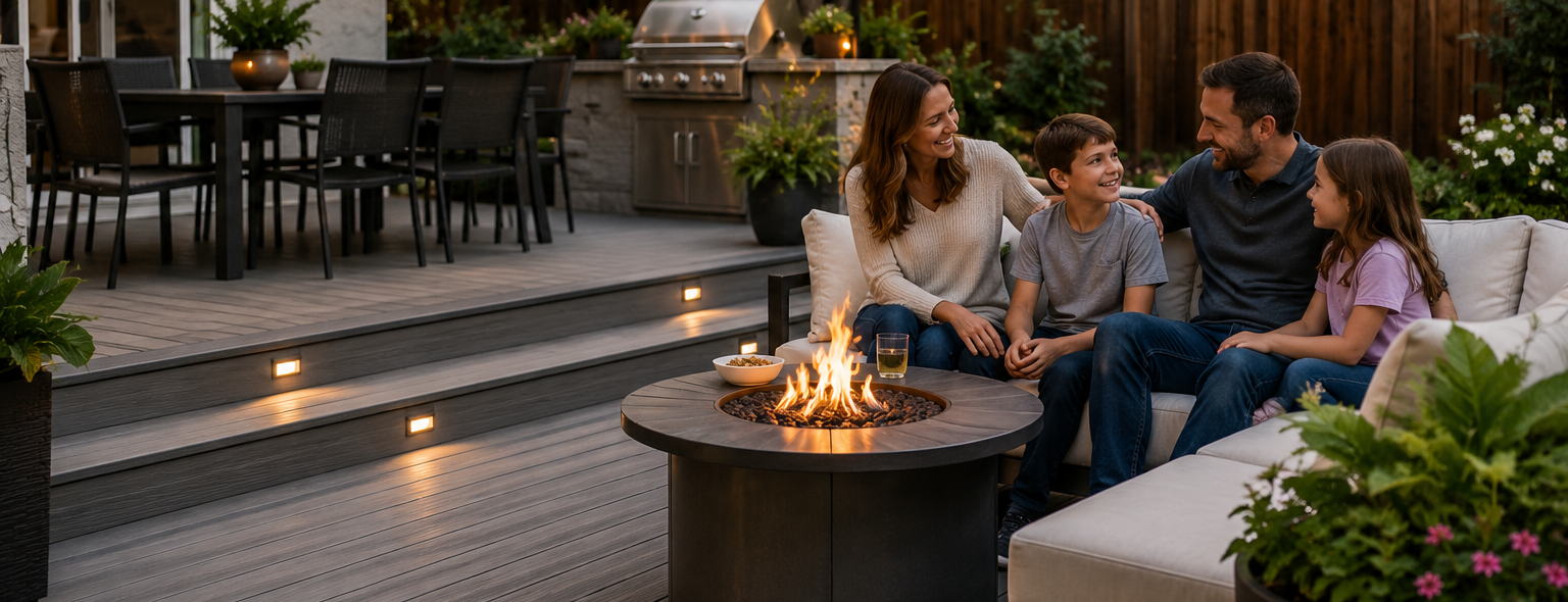 A family gathered around a fire pit on their new composite deck at dusk