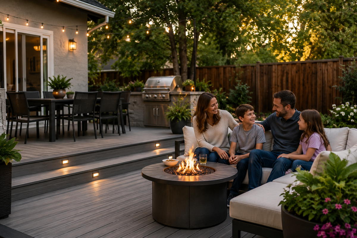 A family gathered around a fire pit on their composite deck at dusk, string lights overhead